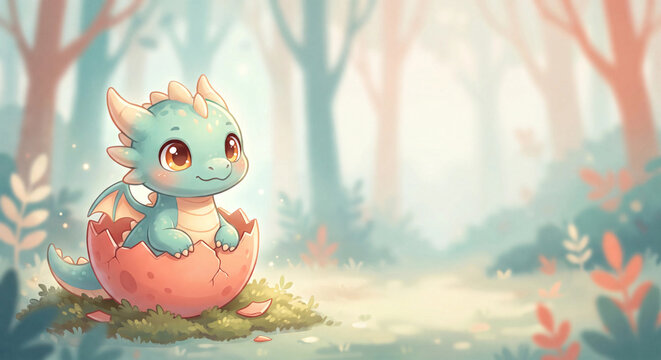 Cute baby dragon hatching from egg in magical forest cartoon illustration for kids