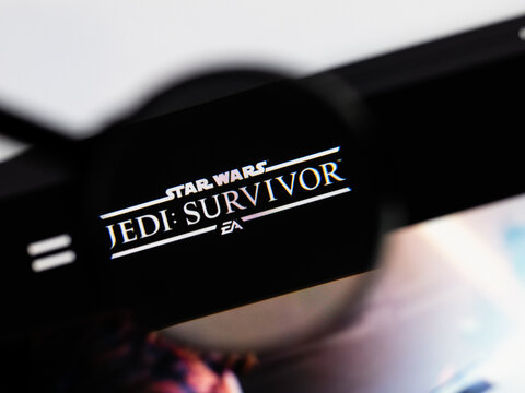 Milan, Italy 2026, 15 AGO Closeup of Star Wars Jedi Survivor website page on a laptop screen. Focus on Star Wars Jedi Survivor logo under a magnifying glass.