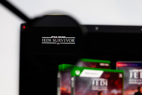 Milan, Italy 2026, 15 AGO Closeup of Star Wars Jedi Survivor website page on a laptop screen. Focus on Star Wars Jedi Survivor logo under a magnifying glass.