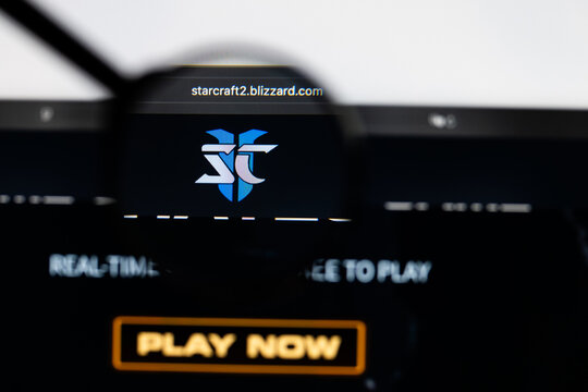 Milan, Italy 2026, 15 AGO Closeup of StarCraft II website page on a laptop screen. Focus on StarCraft II logo under a magnifying glass.
