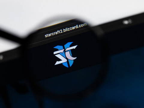 Milan, Italy 2026, 15 AGO Closeup of StarCraft II website page on a laptop screen. Focus on StarCraft II logo under a magnifying glass.