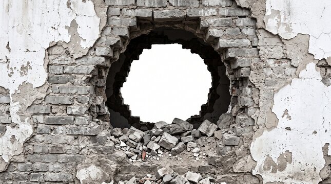 A large circular hole in a weathered, crumbling brick wall, revealing a bright white background, symbolizing damage and destruction.