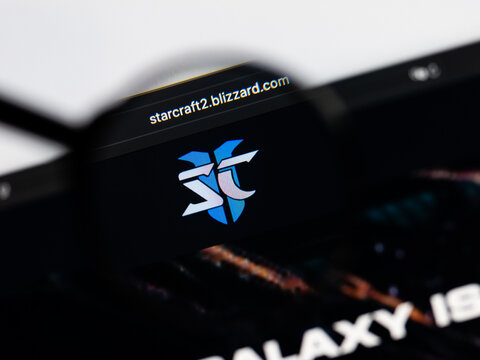 Milan, Italy 2026, 15 AGO Closeup of StarCraft II website page on a laptop screen. Focus on StarCraft II logo under a magnifying glass.