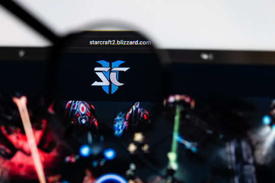 Milan, Italy 2026, 15 AGO Closeup of StarCraft II website page on a laptop screen. Focus on StarCraft II logo under a magnifying glass.