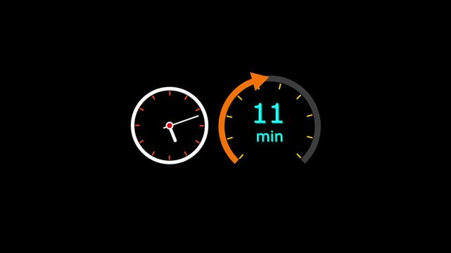 11 Min clock icon animation. 11 minute animation on black background and creating a stunning 4k video.