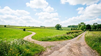 Fototapeta premium A rural country road splits into two distinct paths in a green landscape, symbolizing a difficult divorce decision with an uncertain future ahead, underscoring the fork in the road