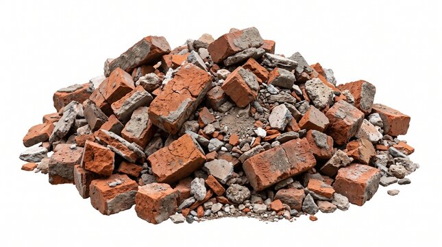 A substantial pile of broken red clay bricks and mixed concrete rubble, isolated on a crisp white background, representing construction waste and demolition debris.