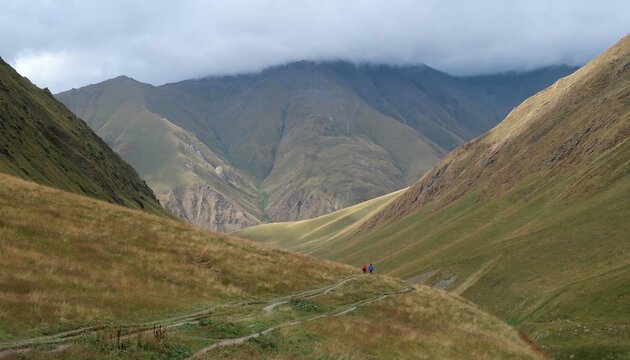 Mountain valley landscape along the Juta hiking trail in the Caucasus Mountains, Georgia