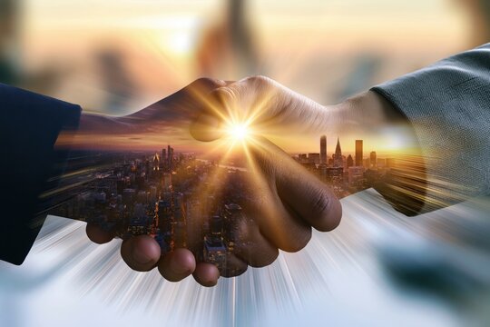 Professional Corporate Handshake Double Exposure with Urban Skyline and Morning Light