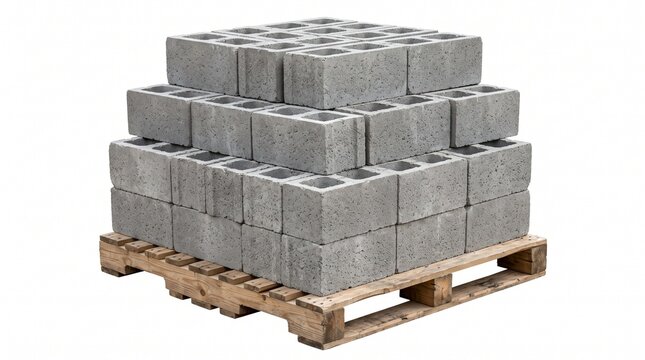 Pyramid stack of concrete blocks on a wooden pallet isolated on white background