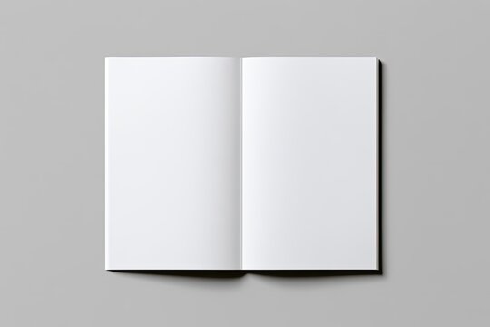 Open, blank booklet with stark white pages, showcasing empty space