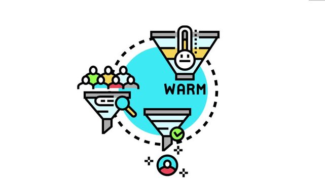 Lead nurturing process funneling potential customers, qualifying interest with a thermometer icon, and selecting qualified prospects with a checkmark for successful conversion