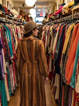 Woman standing in a clothing store, looking at a rack of clothes. she is wearing a long, striped dress with a wide-brimmed hat.