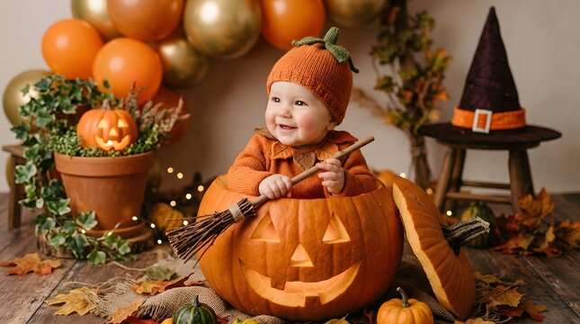 A delightful little child joyfully prepares for halloween nestled inside a carved pumpkin with festive decorations surrounding them