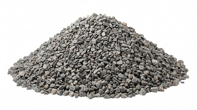 Crushed grey gravel pile isolated on pure white background for construction and road work