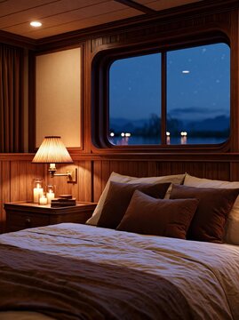 Bedroom with a large window that offers a beautiful view of the night sky. the window is framed by wooden paneling and has a wooden frame.