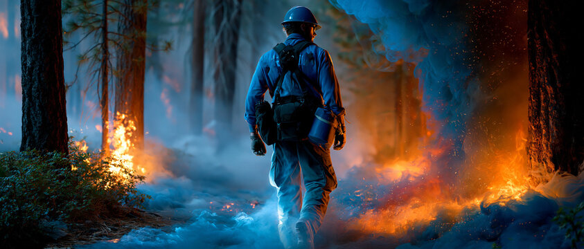 A firefighter walks through a burning forest with smoke and flames surrounding the trees in the background.