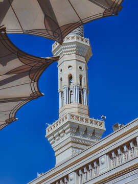 Intircate details one of the minarets of Masjid Al Nabawi Mosque in Medina, Kingdom of Saudi Arabia (KSA).