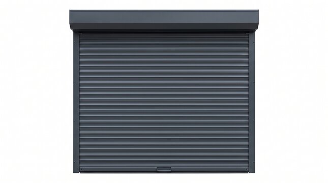 Grey automatic roller garage door isolated on white background, modern security shutter design