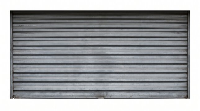 Grey metal rolling security shutter front view, industrial shop front roller door isolated white