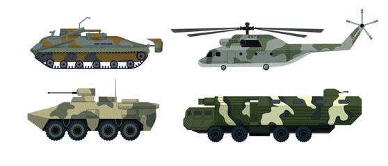 Fototapeta premium Vector set of camouflage military vehicles featuring a combat helicopter, amphibious armored personnel carrier, main battle tank, and command truck.