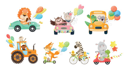 Fototapeta premium Vector collection of cute animal characters driving cars, tractor, scooter, and bicycle with balloons for nursery decor, kids design, and greeting cards.