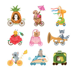 Fototapeta premium Large vector collection of cute animal characters riding imaginative vehicles like fruits, vegetables, household items and sweets for nursery design.