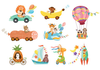 Fototapeta premium Vector collection of cute animal characters on unique object vehicles and flying machines for nursery decoration, kids design and educational projects.