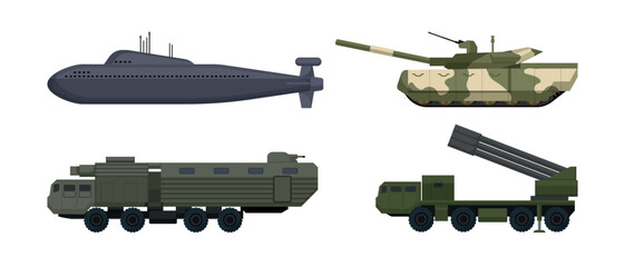 Fototapeta premium Vector collection of heavy military machinery including a submarine, combat tank, armored transport vehicle, and multiple rocket launcher system.