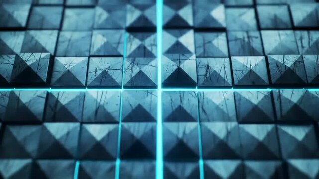 Abstract geometric surface with cyan glowing lines and textured pyramid shapes