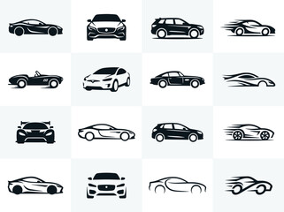 Obraz premium Sports Car and Luxury Vehicle Black Icon Set with Sedans SUVs Convertibles Racing Cars Front Views and Speed Motion Symbols on White Background