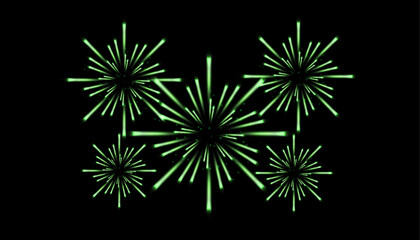 Fototapeta premium green fireworks on black background, Vector fireworks celebration, bright green glowing sparks and colorful starburst.