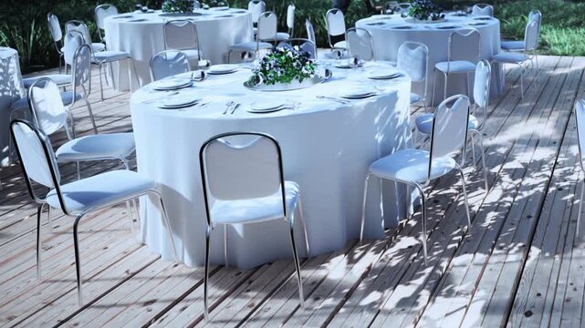 Tables are arranged with white tablecloths and chairs under trees. Each table has a floral centerpiece. Sunlight filters through branches. This scene is ready for a gathering.