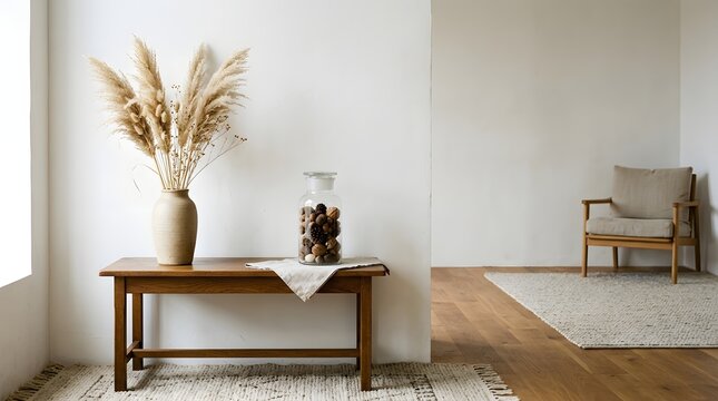 Rustic Wooden Console Table with Vase and Jar in Minimal Living Room