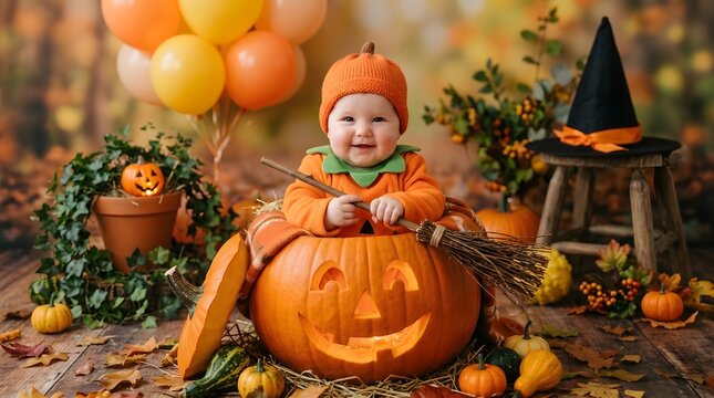 A delightful baby dressed as a pumpkin surrounded by festive autumn and halloween decorations preparing for trick or treating