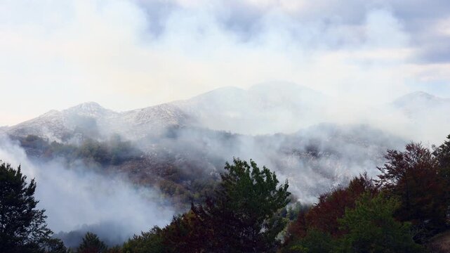Wildfire Smoke and Environmental Damage in Mountain Forest. Smoke drifting across a mountain forest after a wildfire, with hazy hills, damaged woodland and rocky slopes visible through the smoke.