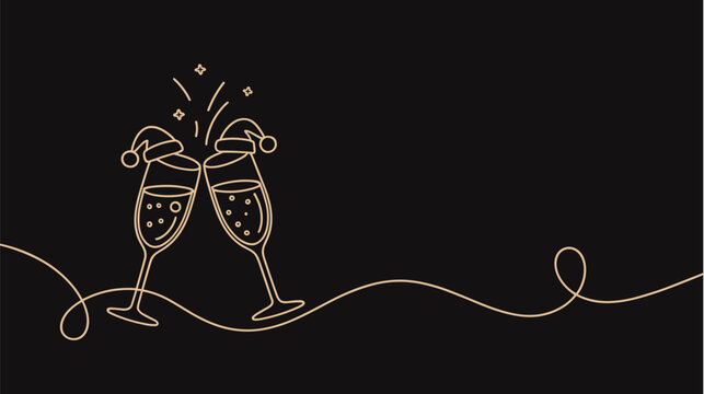 New Year Champagne Glasses Toasting Wearing Santa Hats Golden Continuous Line Art Vector Concept on Dark Background for Christmas Party Banner