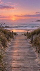 Obraz premium Vertical Fashion Film Background With Empty Sunset Boardwalk and Open Sky Copy Space 