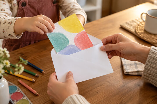 抽象的な色面カードを封筒に入れる親子の手元