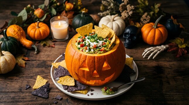 A spooky and delightful halloween feast preparing a pumpkin shaped dip with festive autumn decorations and treats