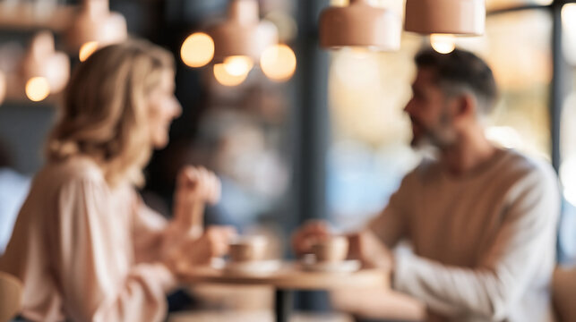 Blurred couple on coffee date having intimate conversation in cozy cafe with bokeh background