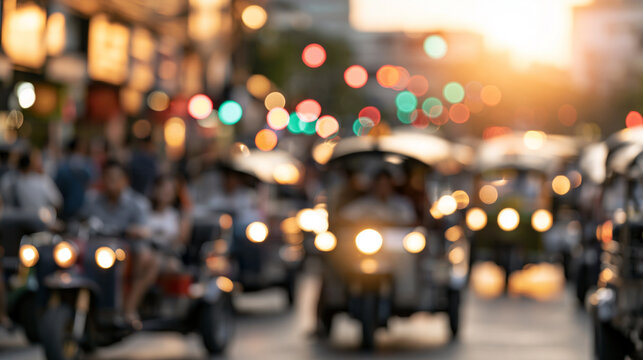 Bangkok evening traffic at golden hour producing vibrant bokeh lights and blurred motion on bustling urban streets