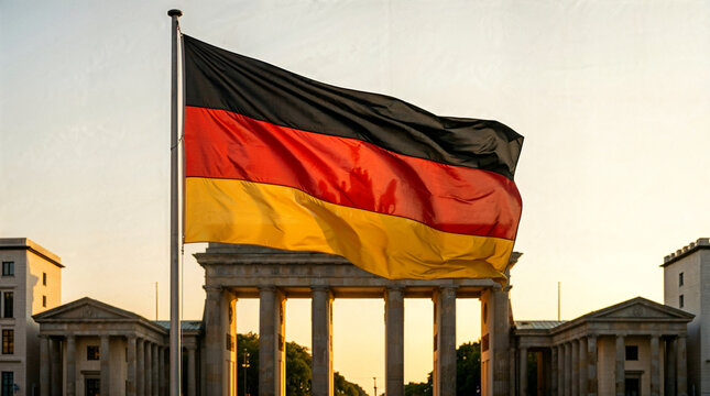 German flag waving proudly in front of Brandenburg Gate at sunset