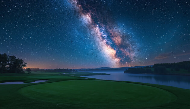 星降る夜のゴルフ場幻想景色