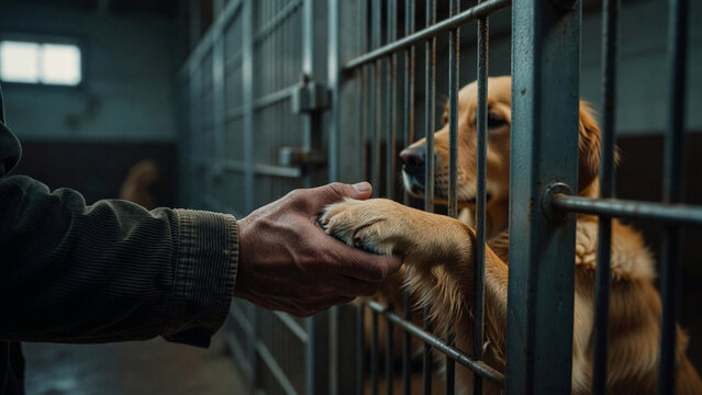 Volunteer hand holding dog paw through cage bars in animal shelter, pet adoption and rescue charity
