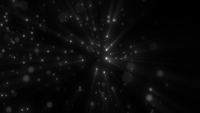 White glowing particles and soft streaks radiating from darkness, creating a minimal abstract starburst background