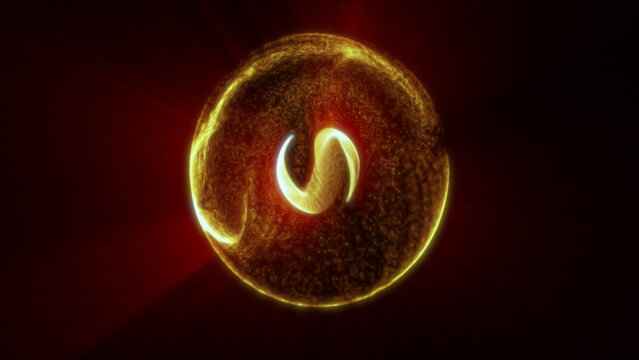 Golden fragmented energy sphere with glowing particles, fiery plasma texture, and dramatic dark futuristic atmosphere.