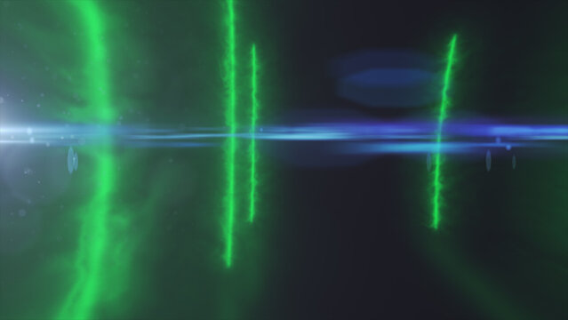 Green vertical energy beams and soft neon flares create an abstract futuristic portal scene with smoky depth and dark digital atmosphere.