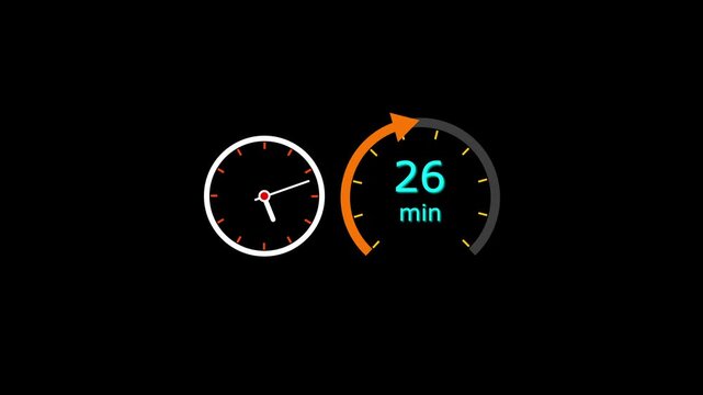 26 Min clock icon animation. 26 minute animation on black background and creating a stunning 4k video.