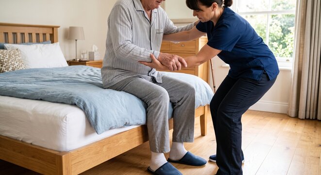 Caregiver assists an elderly man to sit up in bed